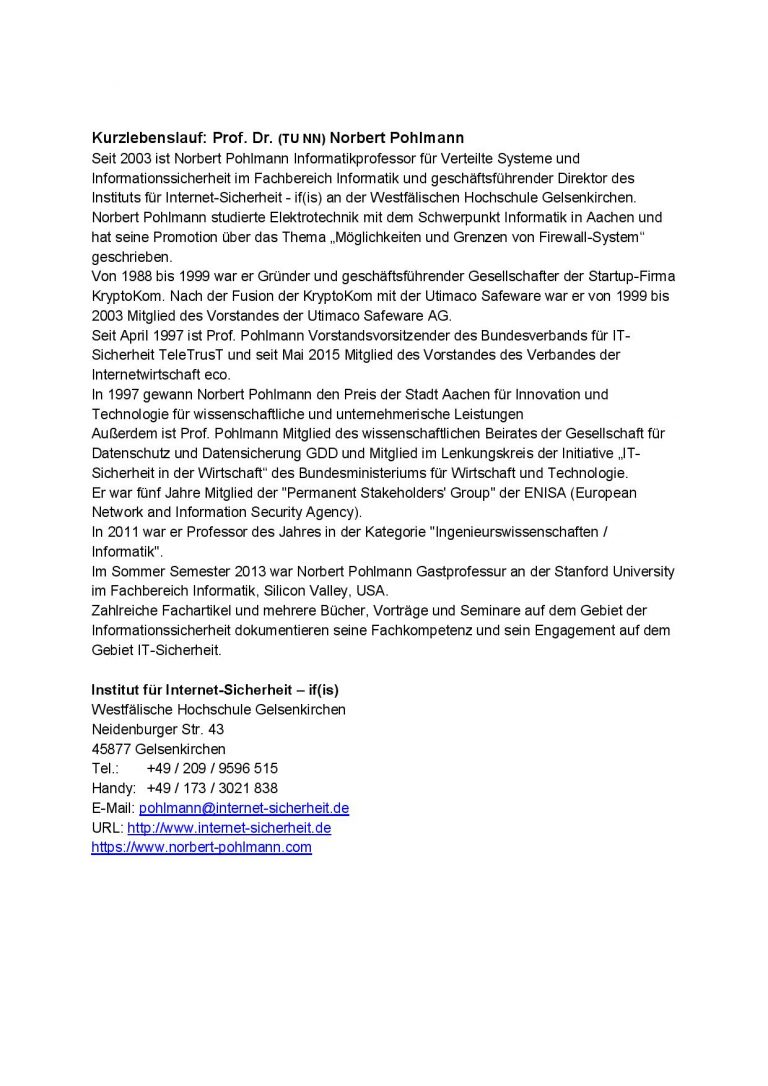 Kurzlebenslauf - Prof. Norbert Pohlmann