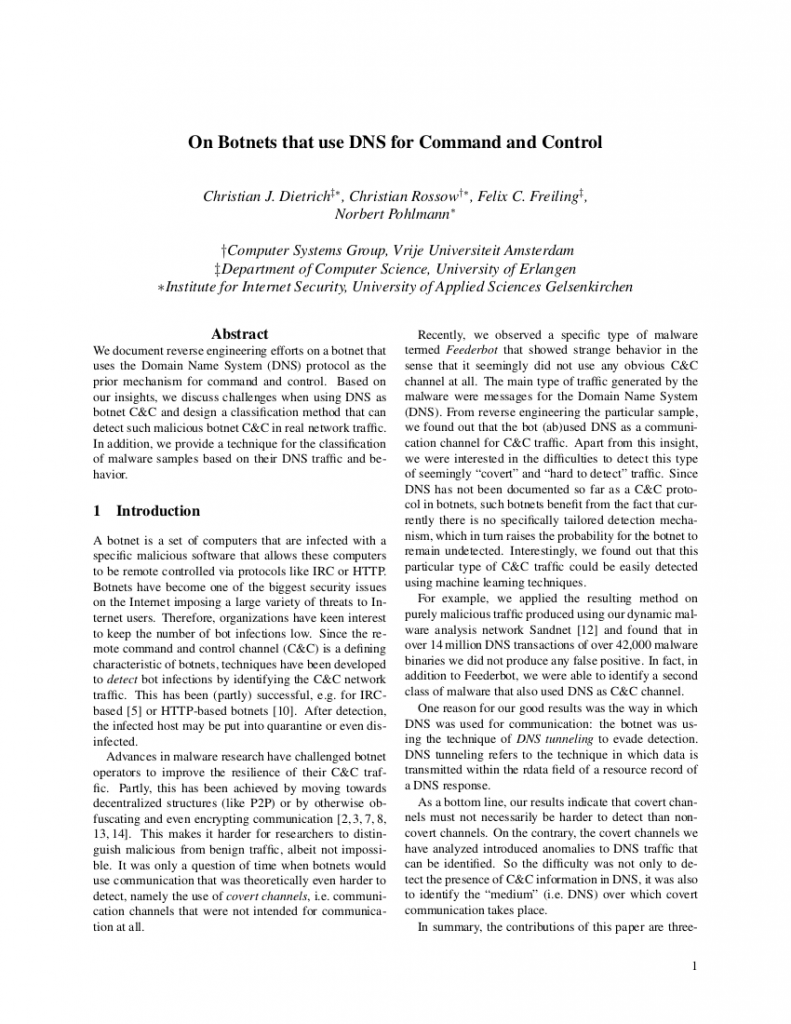 On Botnets that use DNS for Command and Control