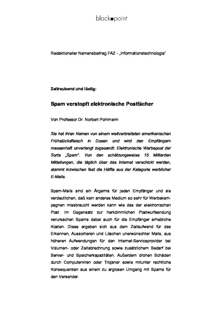 Artikel - Werbe-Mails Spam - Prof. Norbert Pohlmann