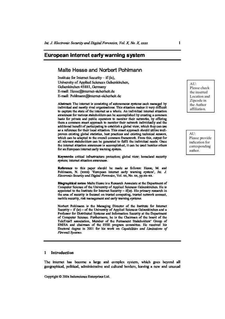 Artikel - European Internet Early Warning System - Prof. Norbert Pohlmann