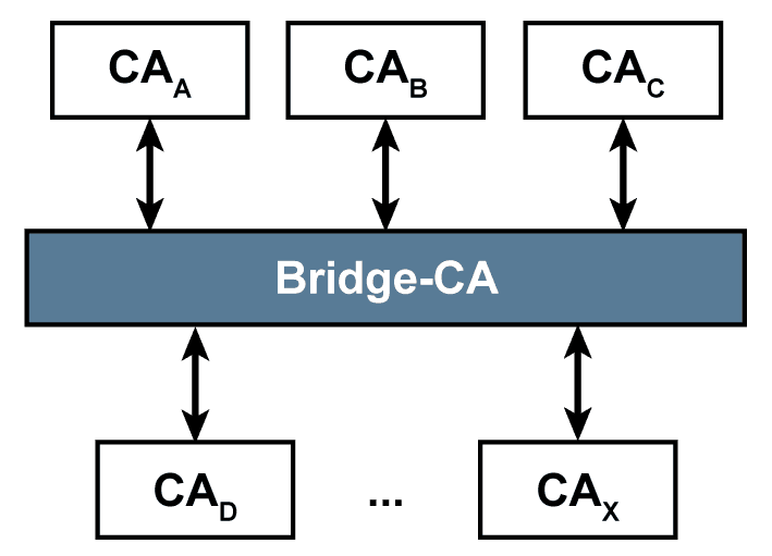 Vertrauensmodelle von Public-Key-Infrastrukturen (PKIs) und hier die 1:n Cross-Zertifizierung (Bridge CA)