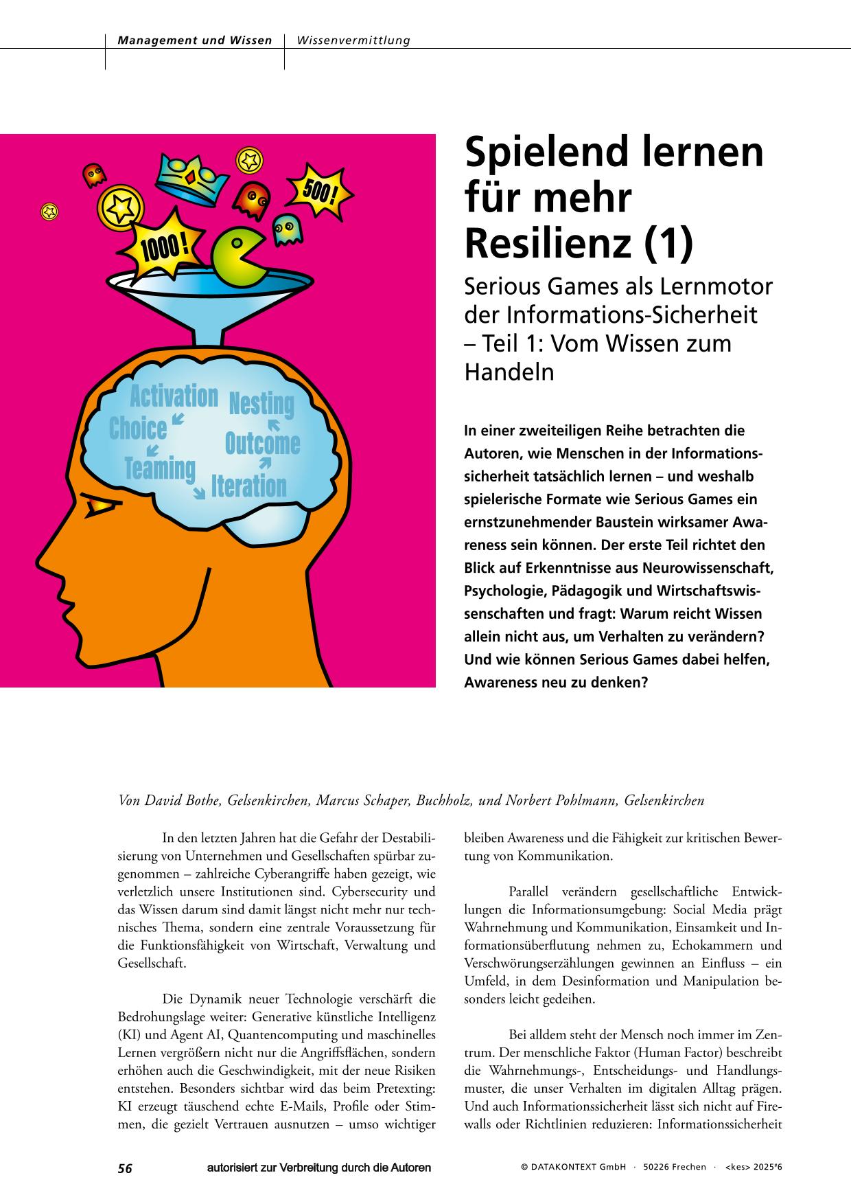 Spielend lernen für mehr Resilienz - Serious Games als Lernmotor der Informations-Sicherheit - Teil 1 - Vom Wissen zum Handeln - Prof Norbert Pohlmann