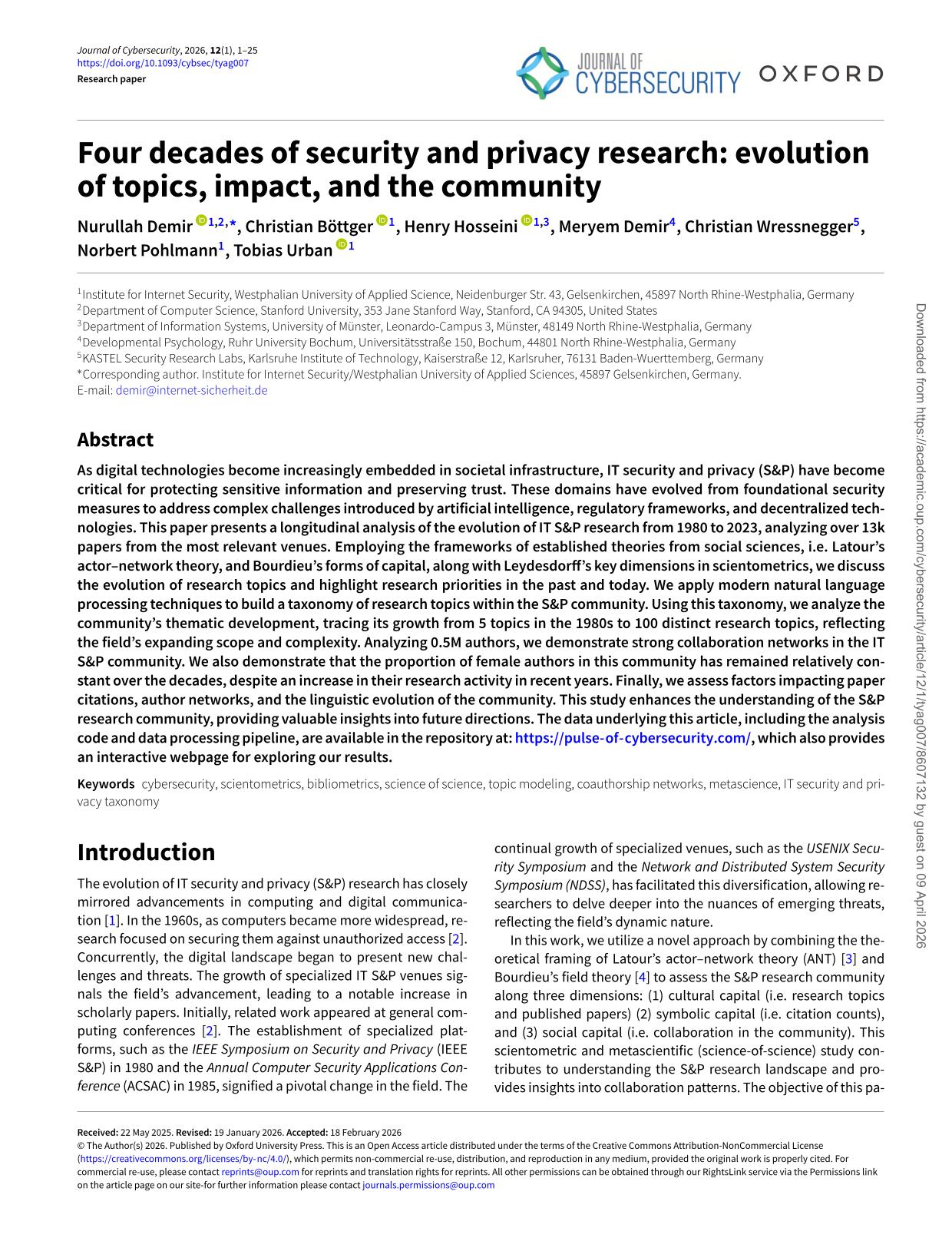Four decades of security and privacy research - evolution of topics, impact, and the community