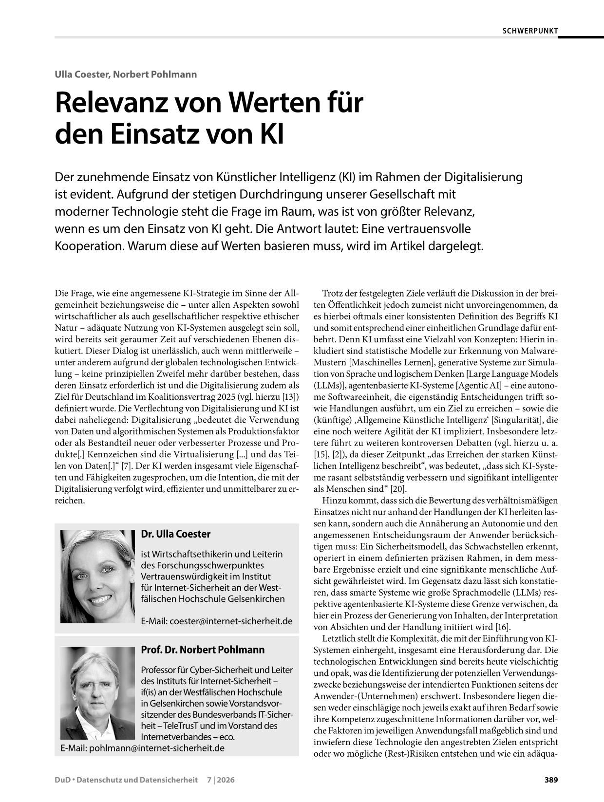 posted Prof. Dr. Pohlmann Relevanz von Werten für den Einsatz von KI -Prof Norbert Pohlmann